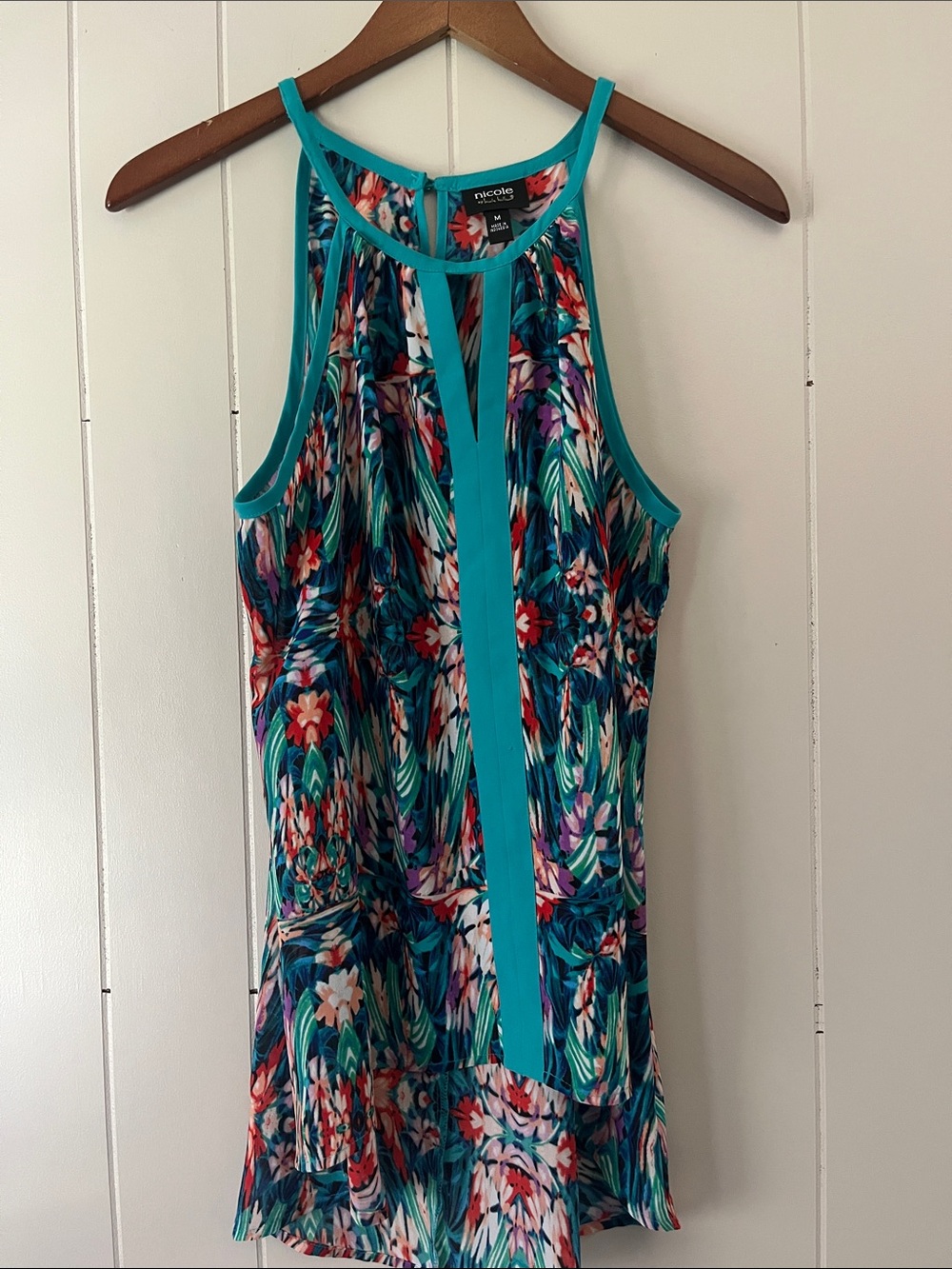 Nicole Miller Teal Multicolor Floral Halter Tank